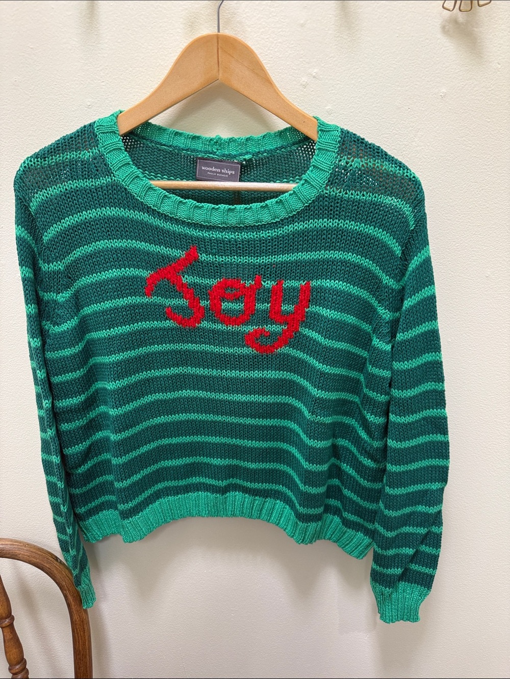 Wooden Ships Green Striped Knit Sweater with Red "Joy"